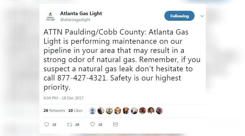 Neighbors are worried about a gas odor in several counties, but Atlanta Gas Light is insisting there is no need to worry.