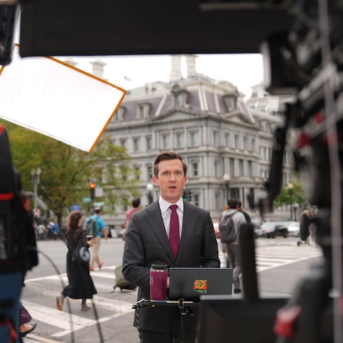 Vaughn Hillyard, White House correspondent for MS NOW, does a report from near the White House, Monday, Sept. 21, 2026, in Washington. (AP Photo/Mark Schiefelbein)