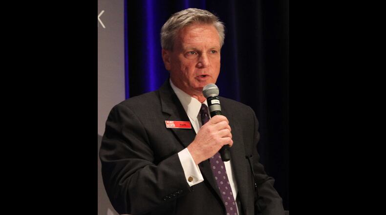 Kurt Wilson speaks to the crowd of attendees at the Georgia 6th Congressional District debate in Marietta, Georgia, on March 29, 2017.