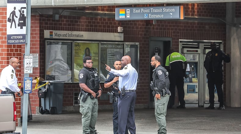 MARTA police investigate a shooting at the East Point station that sent one person to the hospital and resulted in two arrests, officials said.