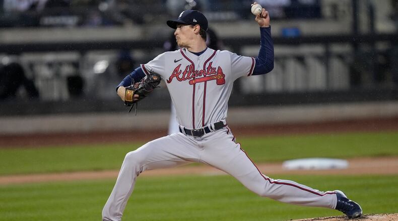 Braves starting pitcher Max Fried throws to a New York Mets batter during the first inning of a baseball game Friday, April 28, 2023, in New York. (AP Photo/Bryan Woolston)