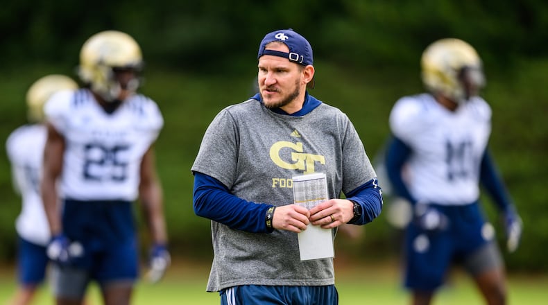 Georgia Tech linebackers coach and special-teams coordinator Jason Semore at the team's first day of spring practice in February 2022. (Danny Karnik/Georgia Tech Athletics)