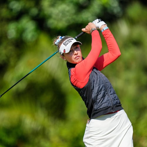 Nelly Korda hits of the 13th tee during the third round of the U.S. Women's Open golf tournament Saturday, June 6, 2026, in the Pacific Palisades area of Los Angeles. (AP Photo/Ashley Landis)