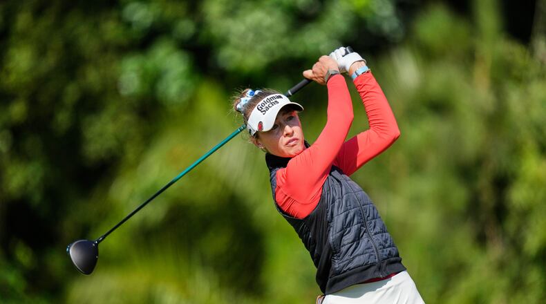 Nelly Korda hits of the 13th tee during the third round of the U.S. Women's Open golf tournament Saturday, June 6, 2026, in the Pacific Palisades area of Los Angeles. (AP Photo/Ashley Landis)