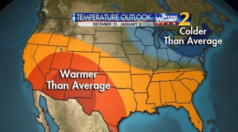 The Southeast should be warmer than average on Christmas Day.