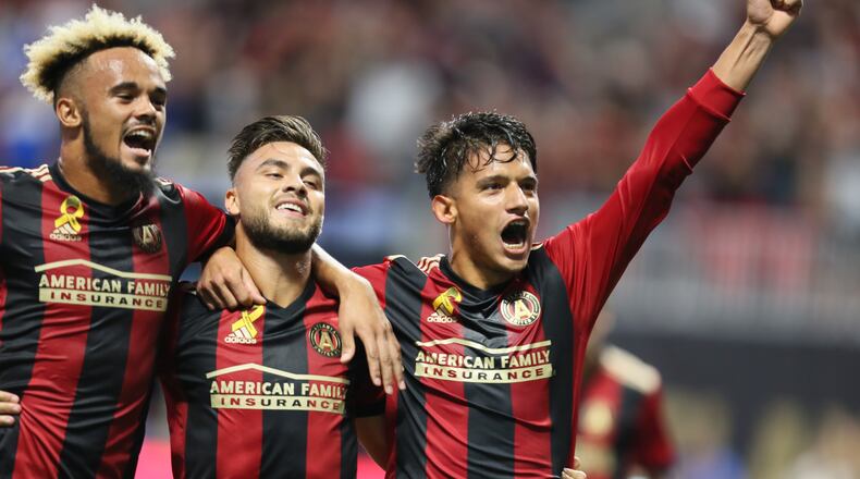 September 20, 2017 Atlanta: Atlanta United players Anton Walkes and Hector Villalba joins Yamil Azad (rigth) after he scored the second goal of the team during the first half against the LA Galaxy