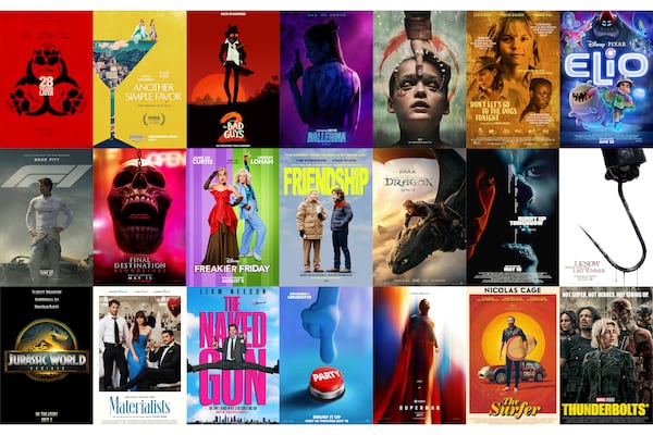 This combination of photos show promotional art for, top row from left, "28 Years Later," "Another Simple Favor," "The Bad Guys 2,"" Ballerina," "Bring Her Back," "Don’t Let’s Go to the Dogs," "Elio," second row from left, "F1," "Final Destination Bloodlines," "Freakier Friday," "Friendship," "How to Train Your Dragon," "Hurry Up Tomorrow," "I Know What You Did Last Summer," and bottom row from left, "Jurassic World Rebirth," "Materialists," "The Naked Gun," "Smurfs," "Superman," "The Surfer," and "Thunderbolts." (Sony/Amazon/Universal/Lionsgate/A24/Sony Pictures Classics/Disney-Pixar/Warner Bros./Warner Bros./Disney/A24/Universal/Lionsgate/Sony/Universal/A24/Paramount/Paramount/Warner Bros./Roadside Attractions and Marvel-Disney via AP)