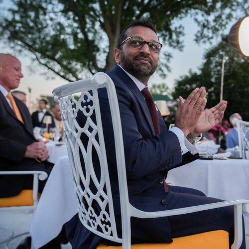 FBI Director Kash Patel applauds the president after speaking at a dinner for members of his administration and law enforcement organization leaders May 11, 2026, in Washington. (Julia Demaree Nikhinson/AP)