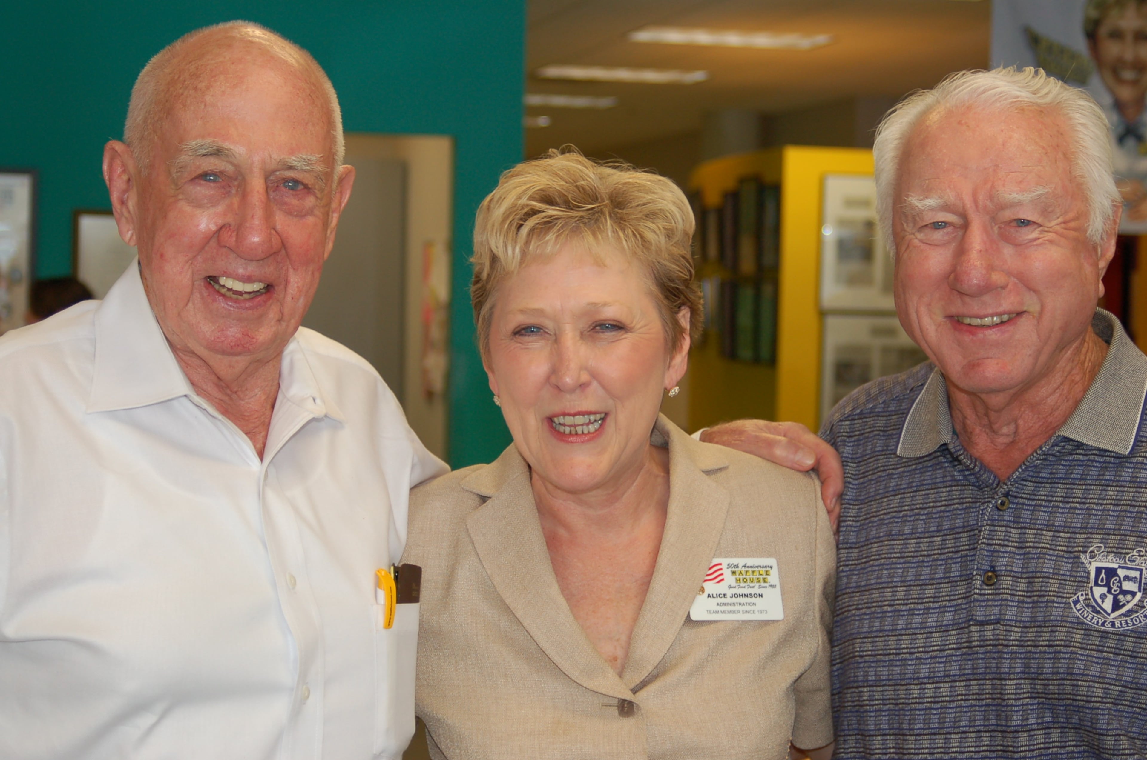 2000s: Waffle House founders Joe Rogers Sr. and Tom Forkner pose with Alice Johnson, for whom the menu's Alice s Iced Tea is named.