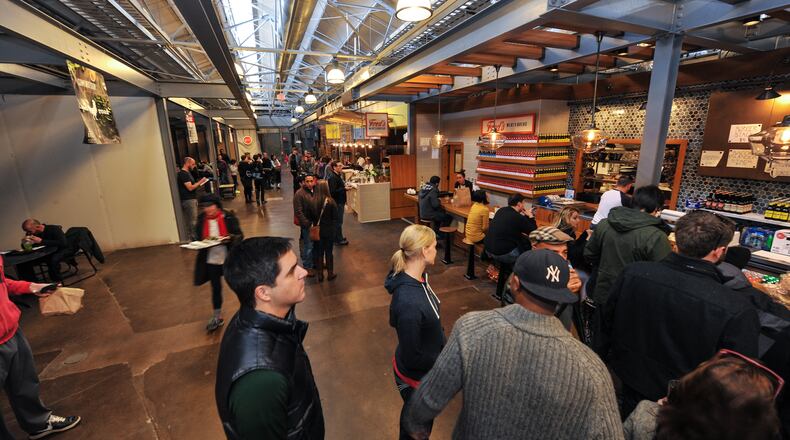 141229-ATLANTA-GA- Dine review of Todd Ginsbergs new counters Yalla and Fred's Meat & Bread, inside the Krog St Market, on Thursday January 1, 2015. (Beckysteinphotography.com) The scene at Yalla at Krog Street Market. / AJC file photo