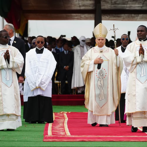 Pope Leo XIV arrives in procession to celebrate Mass at Yaounde Ville Airport, Cameroon, Saturday, April 18, 2026 on the sixth day of his 11-day pastoral visit to Africa. (AP Photo/Andrew Medichini)