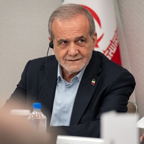 FILE - President of Iran Masoud Pezeshkian takes questions from the media during a news conference in New York on Sept. 26, 2025. (AP Photo/Angelina Katsanis, File)