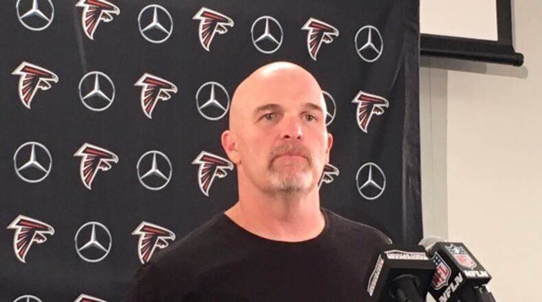 Falcons coach Dan Quinn during Monday's press conference discussing Vic Beasley's injury. He said he's "week to week" while reports are that he's out for a month. (By D. Orlando Ledbetter/dledbetter@ajc.com)