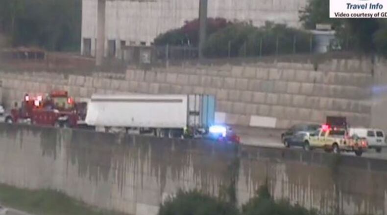 A tractor-trailer wreck halted traffic on the I-85 ramp at I-285. (Credit: Georgia Department of Transportation)
