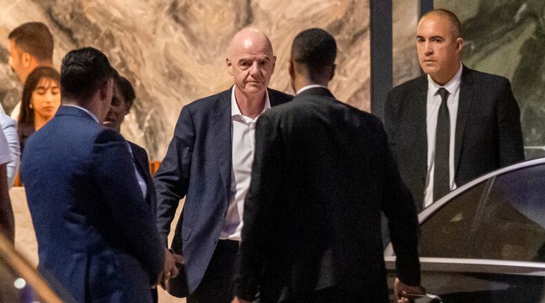 FIFA president Gianni Infantino leaves after attending a Women AFCON 2026 soccer match between Malawi and Zambia, in Rabat, Morocco, Wednesday, Aug. 5, 2026. (AP Photo)