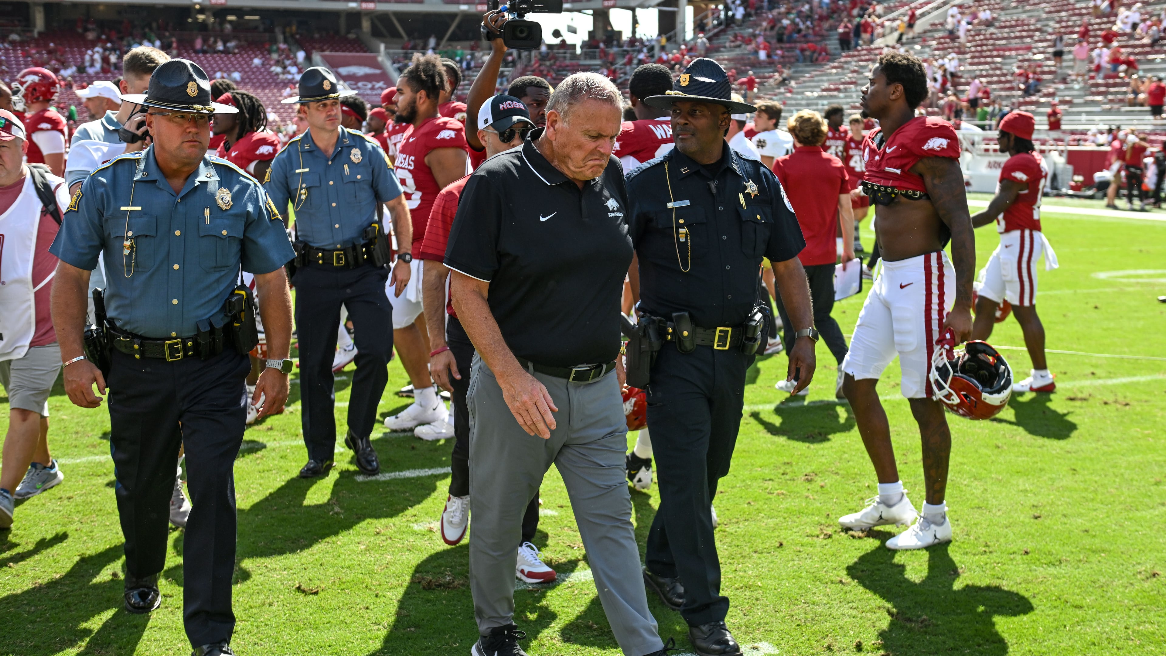 Arkansas coach Sam Pittman heads to the locker room following a loss to Notre Dame in an NCAA college football game Saturday, Sept. 27, 2025, in Fayetteville, Ark. (AP Photo/Michael Woods)