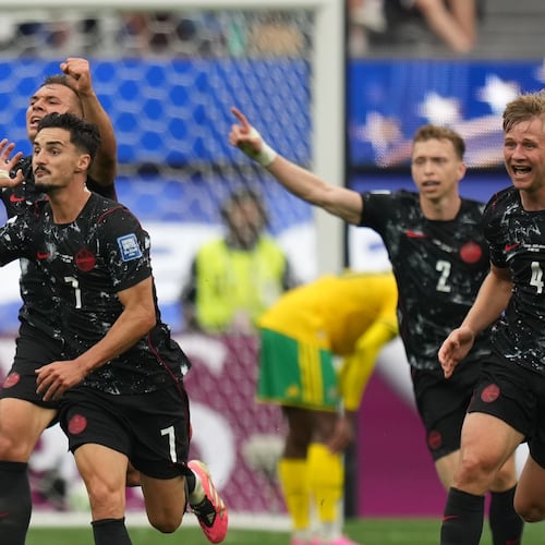 Canada's Stephen Eustaquio (7) celebrates scoring their opening goal against South Africa during the World Cup round of 32 soccer match in Inglewood, Calif., near Los Angeles, Sunday, June 28, 2026. (AP Photo/Andre Penner)