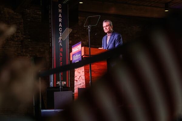 Republican gubernatorial candidate Rick Jackson speaks during his rally at The Bibb Mill Event Center on Thursday, Aug. 13, 2026, in Columbus. (Abbey Cutrer/AJC)