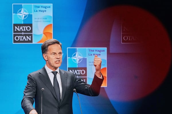 NATO Secretary General Mark Rutte speaks during a media conference in The Hague, Netherlands, Monday, June 23, 2025 ahead of the NATO summit. (AP Photo/Markus Schreiber)