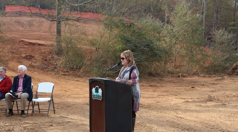 Forsyth County District 4 commissioner Cindy Jones Mills, seen speaking here at a park dedication, is the subject of an ethics complaint to be heard next month.