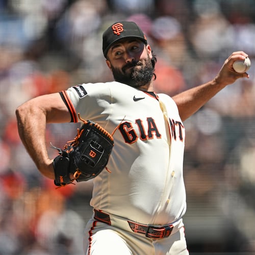 San Francisco Giants pitcher Robbie Ray throws to a Atlanta Braves batter during the first inning of a baseball game, Sunday, June 28, 2026, in San Francisco (AP Photo/Justine Willard)
