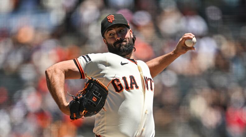 San Francisco Giants pitcher Robbie Ray throws to a Atlanta Braves batter during the first inning of a baseball game, Sunday, June 28, 2026, in San Francisco (AP Photo/Justine Willard)