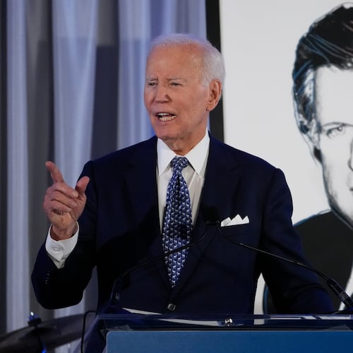 Former President Joe Biden speaks after receiving the Lifetime Achievement Award at the Edward M. Kennedy Institute's 10th Anniversary Celebration, Sunday, Oct. 26, 2025, in Boston. (AP Photo/Robert F. Bukaty)