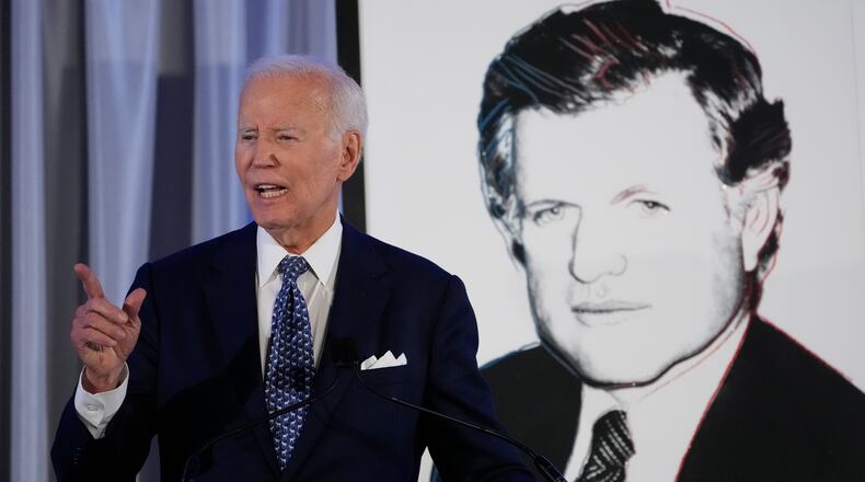 Former President Joe Biden speaks after receiving the Lifetime Achievement Award at the Edward M. Kennedy Institute's 10th Anniversary Celebration, Sunday, Oct. 26, 2025, in Boston. (AP Photo/Robert F. Bukaty)