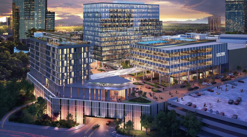 This rendering shows a new 14-story office tower, Nobu Hotel and Nobu restaurant and a 60,000-square-foot Life Time fitness complex to be built on the campus of the Phipps Plaza mall in Buckhead.