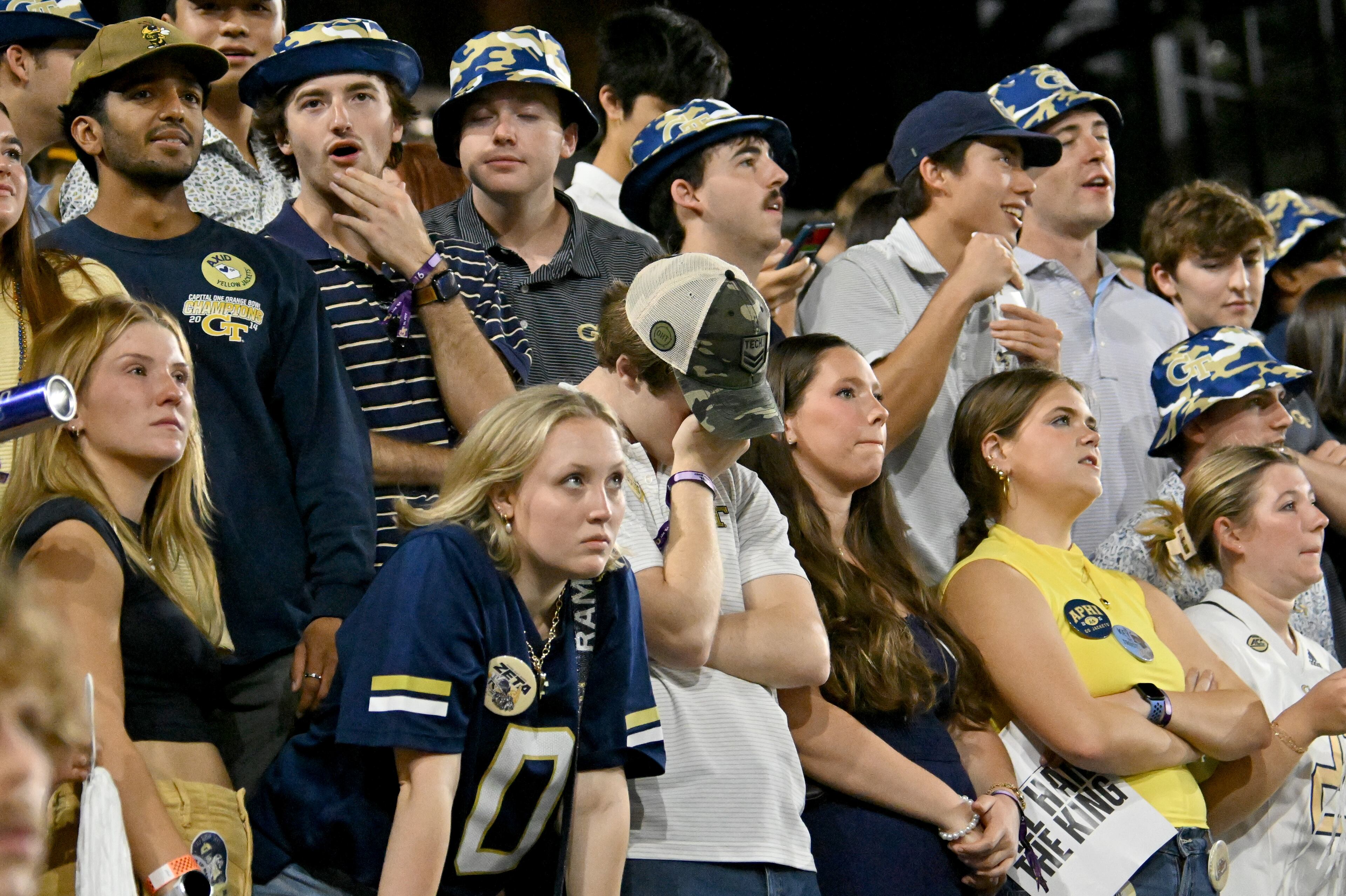 Georgia Tech fans react during the first half in an NCAA college football game at Bobby Dodd Stadium, Saturday, November 22, 2025 in Atlanta. Pittsburgh won 42-28 over Georgia Tech. (Hyosub Shin / AJC)