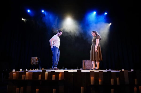 Zach Stolz (left) and Ashley Huber on stage in 2025's "Constellations" at Woodstock Arts. (Courtesy of Isaac Breiding/Woodstock Arts)