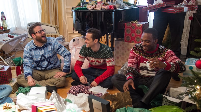 Seth Rogen, from left, Joseph Gordon-Levitt and Anthony Mackie star in Columbia Pictures' "The Night Before."