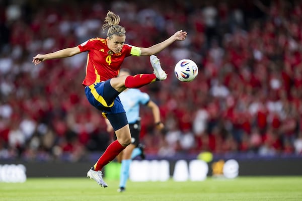 Spain's Irene Paredes in action during the Women's Euro 2025 quarterfinal soccer match between Switzerland and Spain at Wankdorf stadium in Bern, Switzerland, Friday July 18, 2025. (Anthony Anex/Keystone via AP)