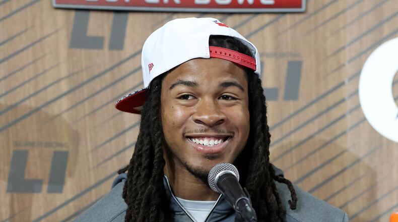 January 30, 2017, Houston: Falcons running back Devonta Freeman reacts to a question with a smile during Super Bowl Opening Night on Monday, Jan. 30, 2017, at Minute Maid Park in Houston. Curtis Compton/ccompton@ajc.com