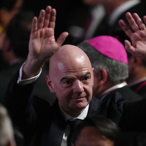 FIFA President Gianni Infantino arrives for the inauguration of President Abelardo de la Espriella in Cali, Colombia, Friday, Aug. 7, 2026. (AP Photo/Matias Delacroix)