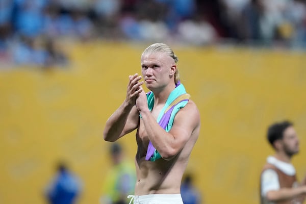 Manchester City's Erling Haaland reacts at the end of the Club World Cup Group G soccer match between Manchester City and Al Ain in Atlanta, Sunday, June 22, 2025. (AP Photo/Brynn Anderson)