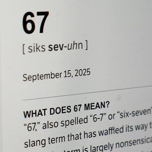 This Dictionary.com page shows the newest word of the year "6-7" on a computer screen, Thursday, Oct. 30, 2025, in Chicago. (AP Photo/Kiichiro Sato)