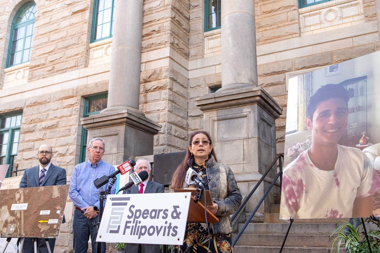 The family of Manuel Paez-Terán, known as Tortuguita, who was shot to death by Georgia State Patrol SWAT team members in 2023, gather outside the Decatur Courthouse to announce the filing of a lawsuit on Tuesday, Dec 17, 2024. Paez-Terán's mother, Belkis Terán, speaks about her son and recounts some of the details of the shooting during the news conference. (Jenni Girtman for the AJC)