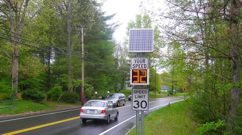 If approved, Sandy Springs will use grant funding to purchase a an 18-inch speed alert radar message sign with strobe. (Courtesy Traffic Solutions)