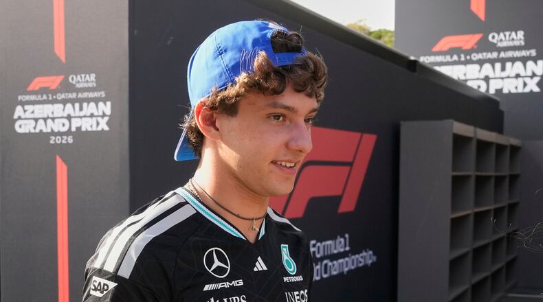 Mercedes driver Andrea Kimi Antonelli of Italy walks through the paddock ahead of the Azerbaijan F1 Grand Prix, in Baku, Azerbaijan, Wednesday, Sept. 23, 2026. (AP Photo/Darko Bandic)