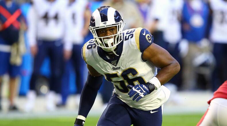 FLE - In this Dec. 1, 2019, file photo, Los Angeles Rams defensive end Dante Fowler (56) plays against the Arizona Cardinals during the first half of an NFL football game, in Glendale, Ariz. A person familiar with the deal says the Atlanta Falcons have agreed to sign outside linebacker Dante Fowler. The person spoke to The Associated Press on condition of anonymity because free-agent signings can't be announced until after the league year begins Wednesday afternoon, March 18, 2020. (AP Photo/Ross D. Franklin, File)