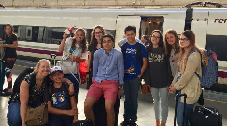 Pictured from left, during the Riverwod Internatonal Charter School trip to Spain in 2016: Donna Vargas, Spanish teacher; Brandon Vargas, Talia Skollar, Mary Crawford Esslinger, Christopher Bauguss, Robert Breeser, Ryan Belfi, Rachel Nichols, Jazmine Williams.