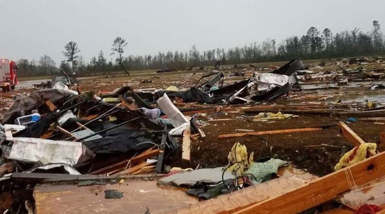 Authorities were searching for five missing people at the Sunshine Acres Mobile Home Park in Cook County following the deadly storms that swept through South Georgia Sunday. Four of the five were found alive Monday, according to U.S. Rep. Austin Scott’s office. Special to AJC.