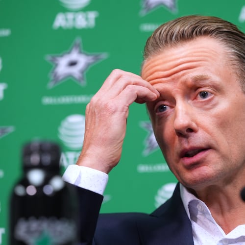 Dallas Stars head coach Glen Gulutzan speaks during media availability Monday, May 4, 2026, in Frisco, Texas. (AP Photo/LM Otero)