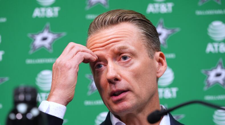 Dallas Stars head coach Glen Gulutzan speaks during media availability Monday, May 4, 2026, in Frisco, Texas. (AP Photo/LM Otero)
