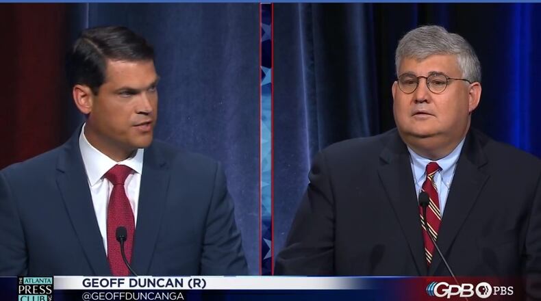 Former state Rep. Geoff Duncan and state Sen. David Shafer, who will face each other in a July 24 runoff to become the Republican nominee for Georgia lieutenant governor, held a testy debate Thursday put on by the Atlanta Press Club. Screen capture.