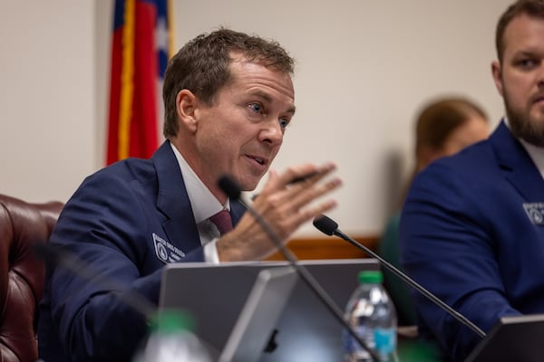 State Sen. Greg Dolezal questioned Fulton County District Attorney Fani Willis during a Senate committee hearing at the Capitol in Atlanta on Wednesday. (Arvin Temkar/AJC)