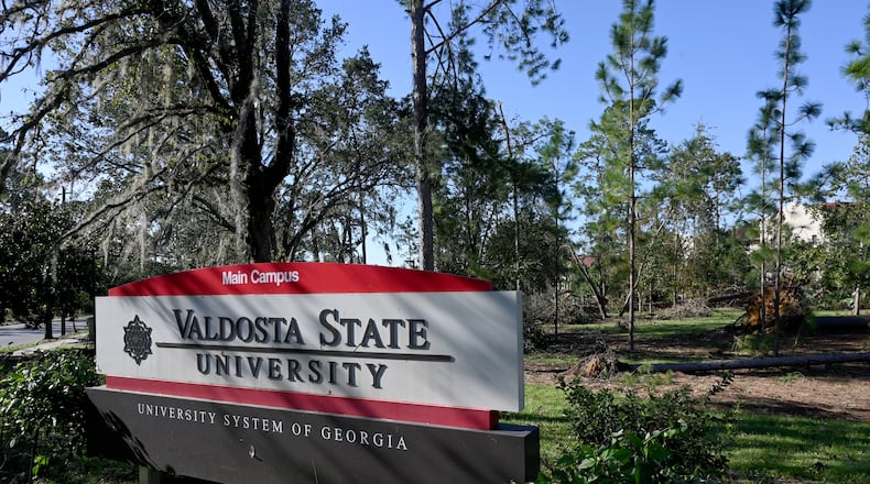 Fallen trees are seen near Valdosta State University, Saturday, September 28, 2024, in Valdosta. The devastation in Valdosta was extensive after the South Georgia city was battered with hurricane-force winds on Helene’s path across the state. Damaging Helene has swept through Georgia, leading to at least 15 deaths. All 159 counties are now assessing the devastation and working to rebuild, even as serious flooding risks linger. (Hyosub Shin / AJC)