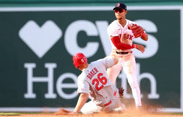 Boston Red Sox second baseman Kristian Campbell, right, throws to first base after tagging out St. Louis Cardinals' Luken Baker (26) on a double play to end a baseball game Friday, April 4, 2025, in Boston. (AP Photo/Mark Stockwell)