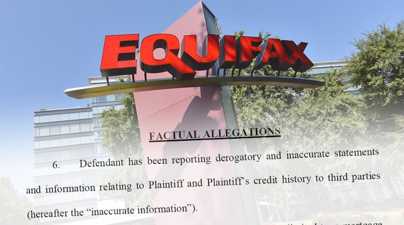 The credit-reporting company Equifax, based in Atlanta, has faced lawsuits that it has failed to correct errors in its reports. This image includes an excerpt from a lawsuit filed in 2017. (Photo illustration; Hyosub Shin / hshin@ajc.com)